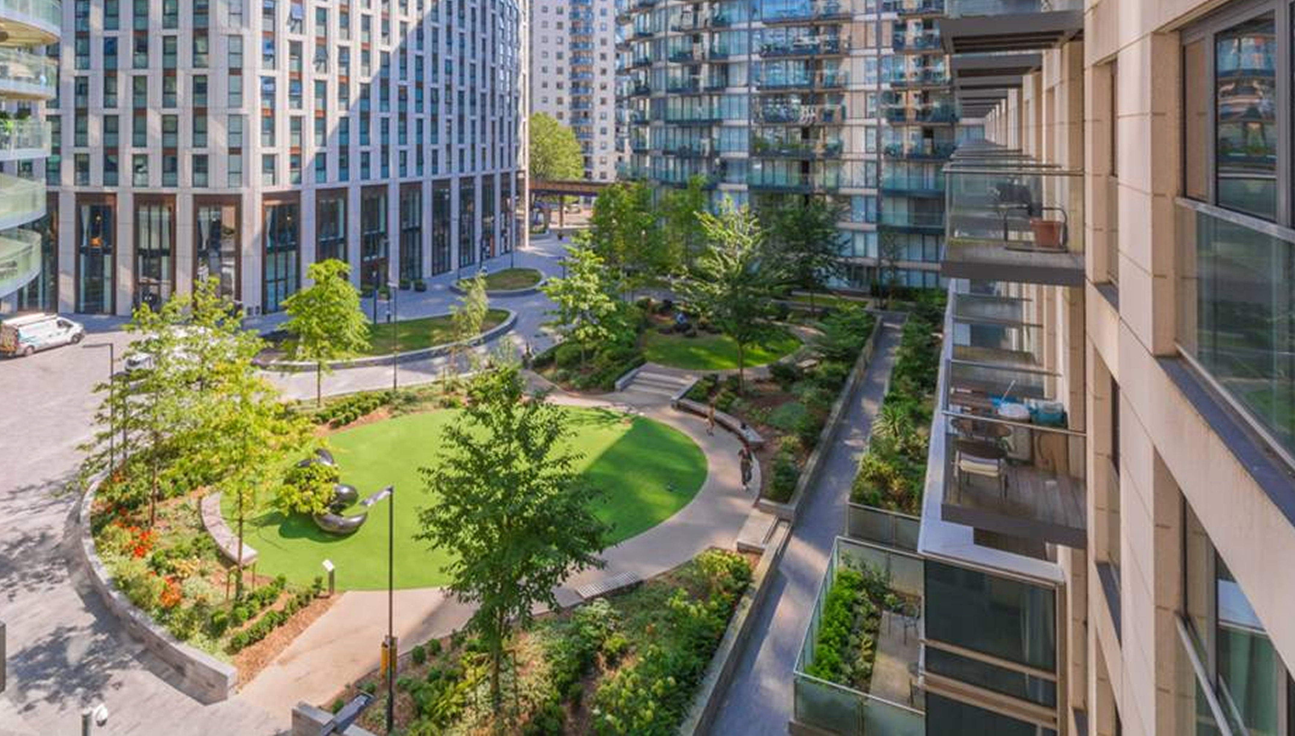 Baltimore Wharf residential buildings surrounding a landscaped courtyard